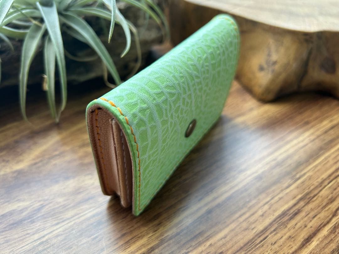 【エテ二朗】メロン型押しレザー 名刺入れ＆L字ファスナー財布　手縫い　本革