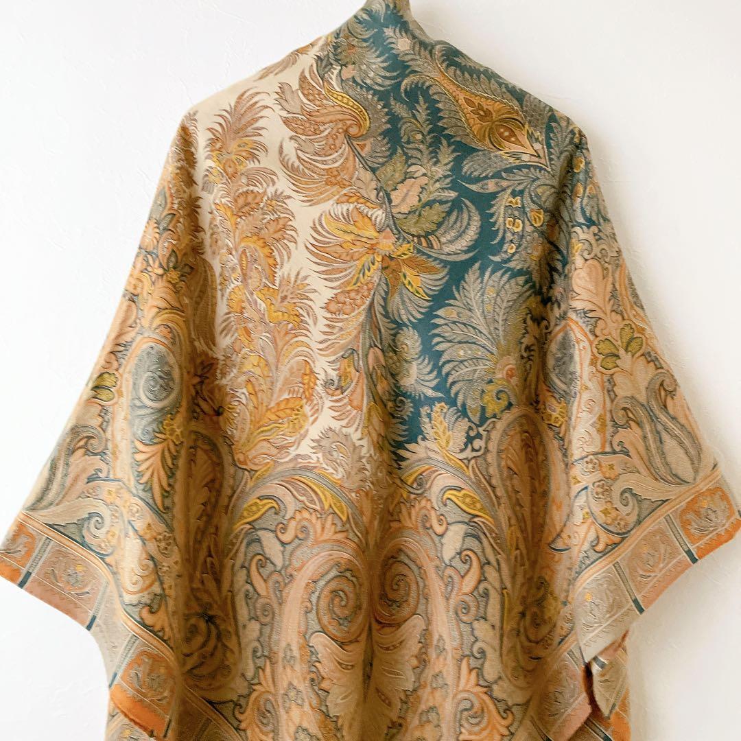 良品✨エトロ ボタニカル柄 大判ストール ベージュ系マルチ ウールシルク