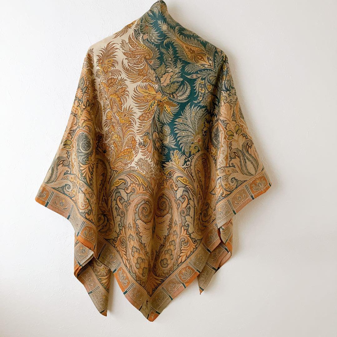 良品✨エトロ ボタニカル柄 大判ストール ベージュ系マルチ ウールシルク