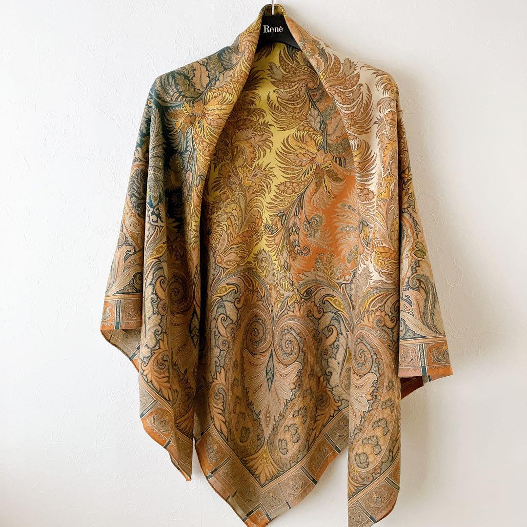 良品✨エトロ ボタニカル柄 大判ストール ベージュ系マルチ ウールシルク