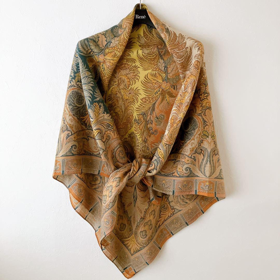 良品✨エトロ ボタニカル柄 大判ストール ベージュ系マルチ ウールシルク