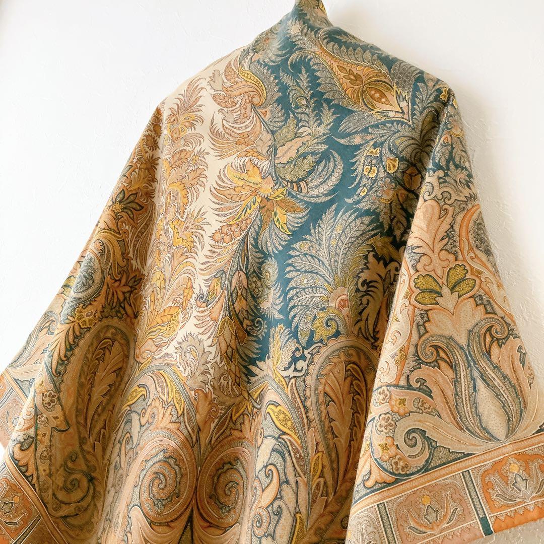 良品✨エトロ ボタニカル柄 大判ストール ベージュ系マルチ ウールシルク