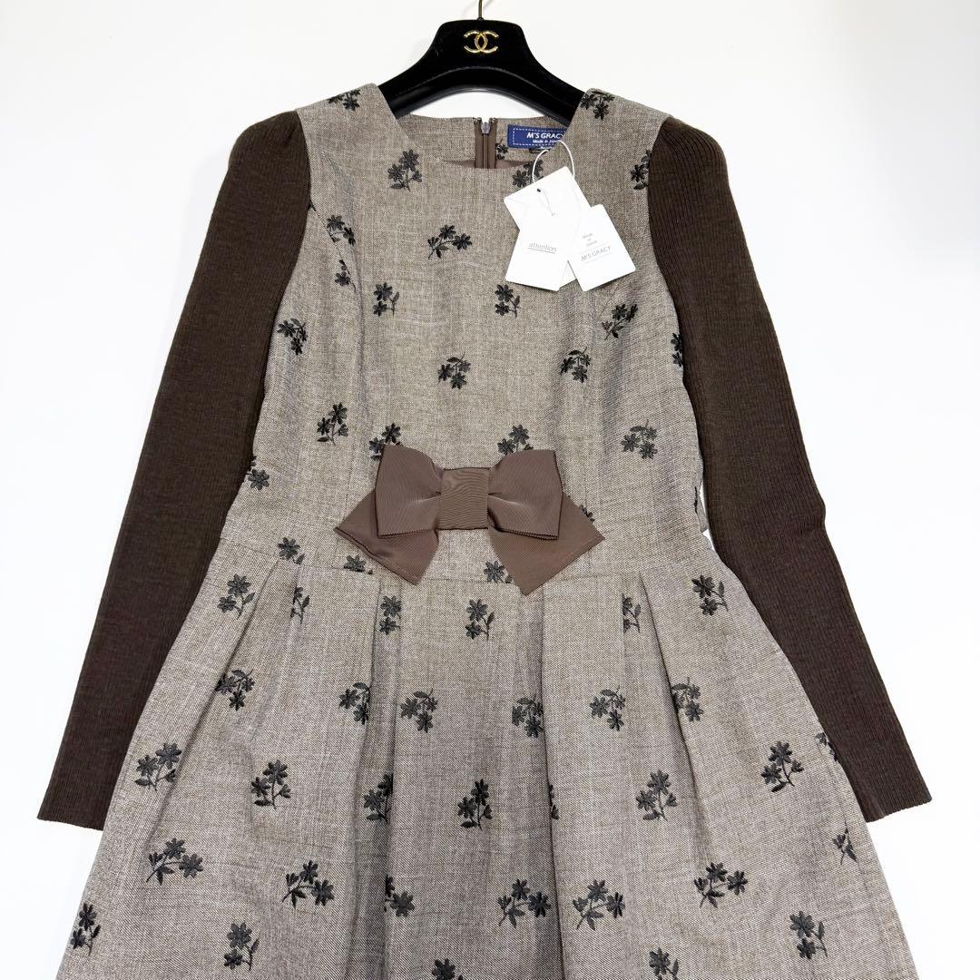 【新品タグ付き✨】エムズグレイシー　ワンピース　ニット袖　リボン　花柄　38
