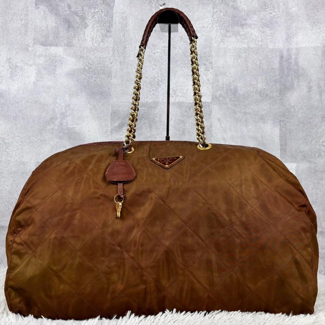 極美品 PRADA ナイロン ボストンバッグ 三角プレート 斜め掛け ブラウン