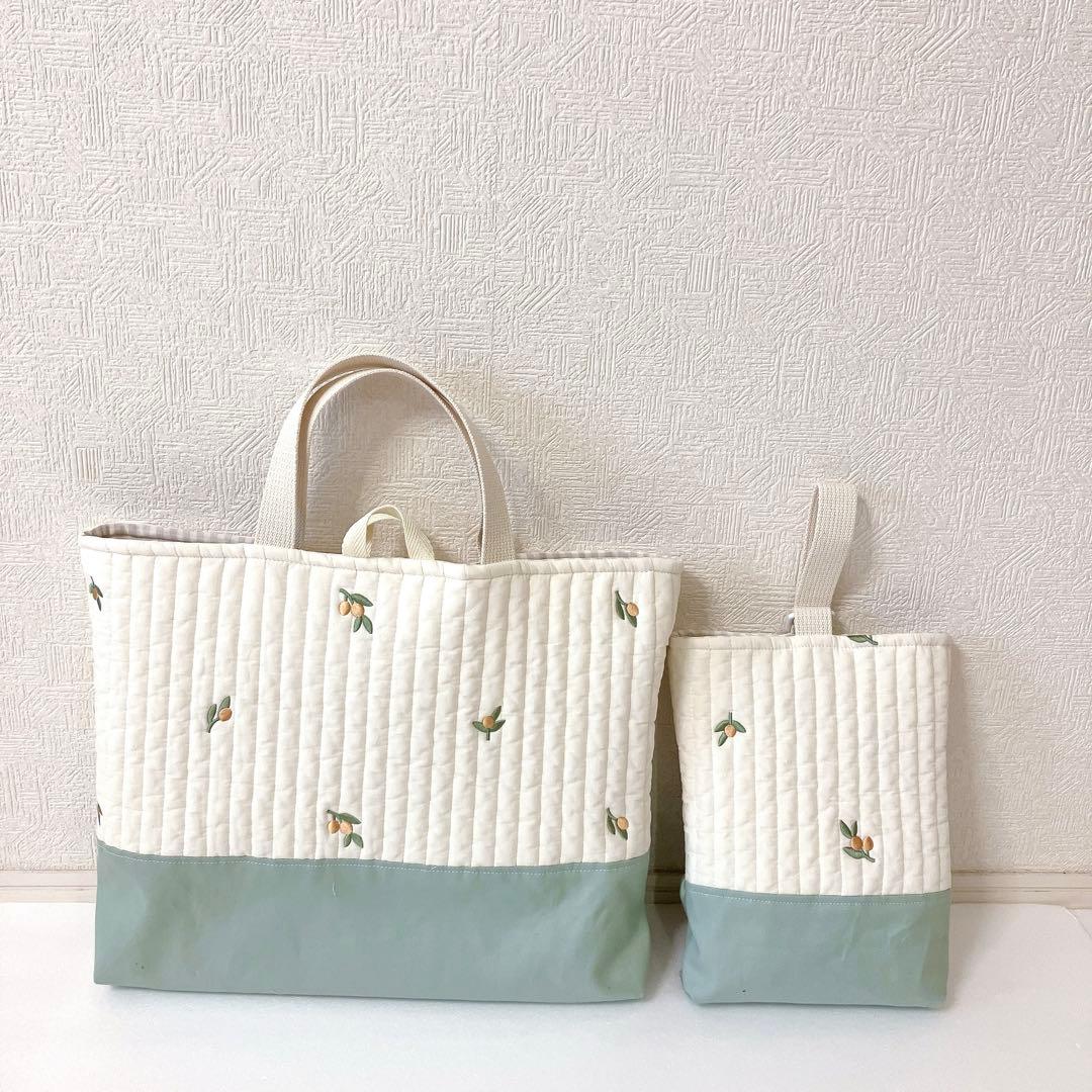 レッスンバッグ✖️4 上履き入れ✖️2ヌビ　オリーブ刺繍　ハート刺繍