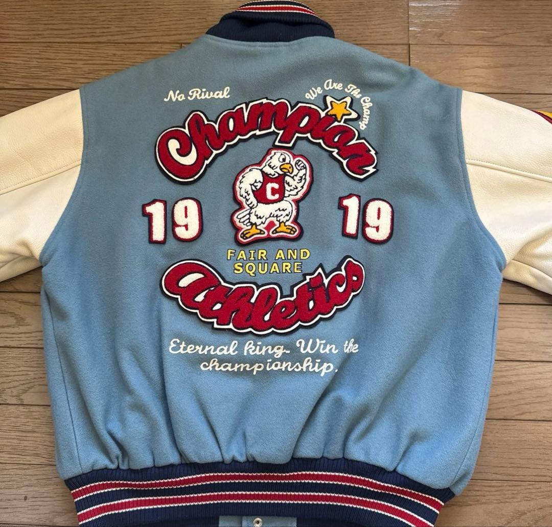 Champion スタジャン アワードジャケット 袖レザー フルデコ Ｌサイズ