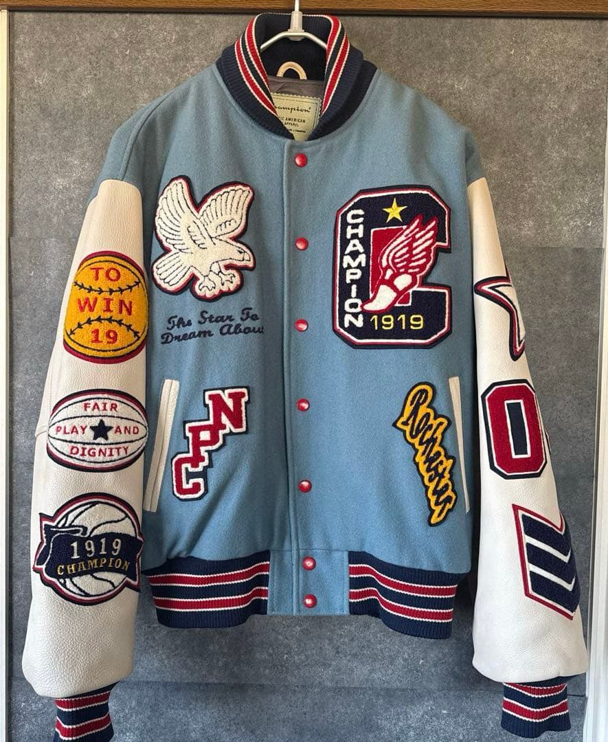 Champion スタジャン アワードジャケット 袖レザー フルデコ Ｌサイズ