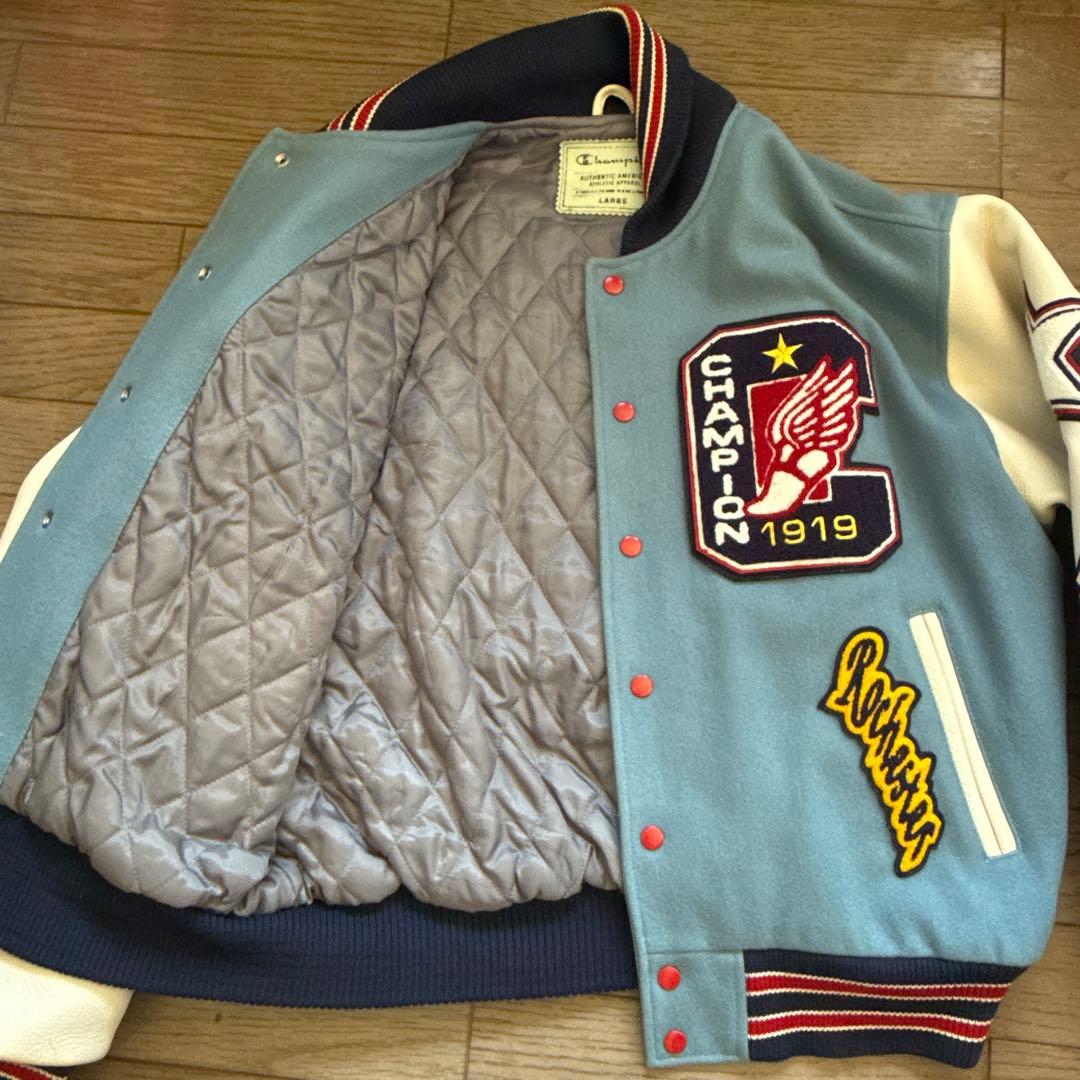 Champion スタジャン アワードジャケット 袖レザー フルデコ Ｌサイズ