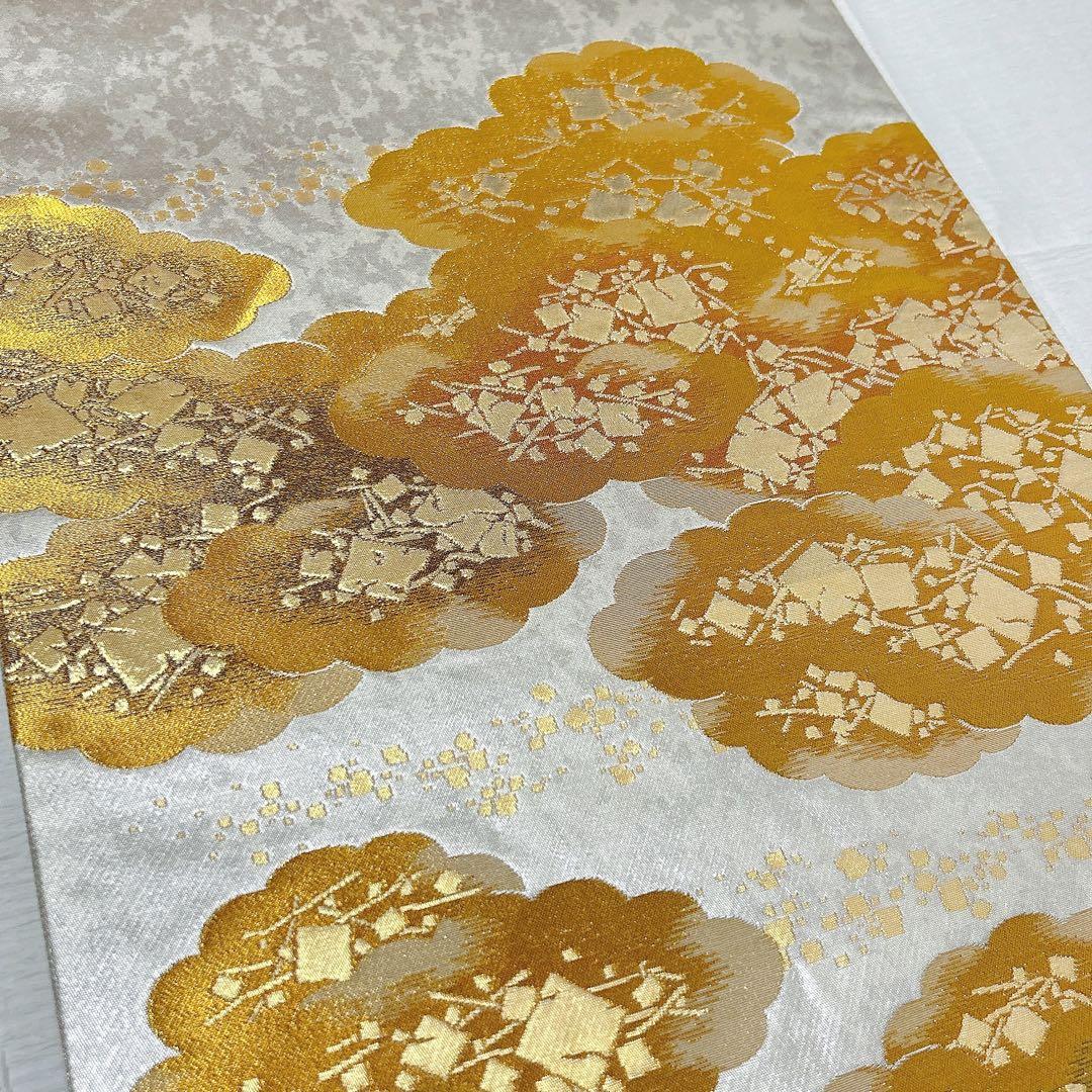 梅垣織物　袋帯　切箔雲文　西陣織　引箔　正絹　金銀糸　シルバー系