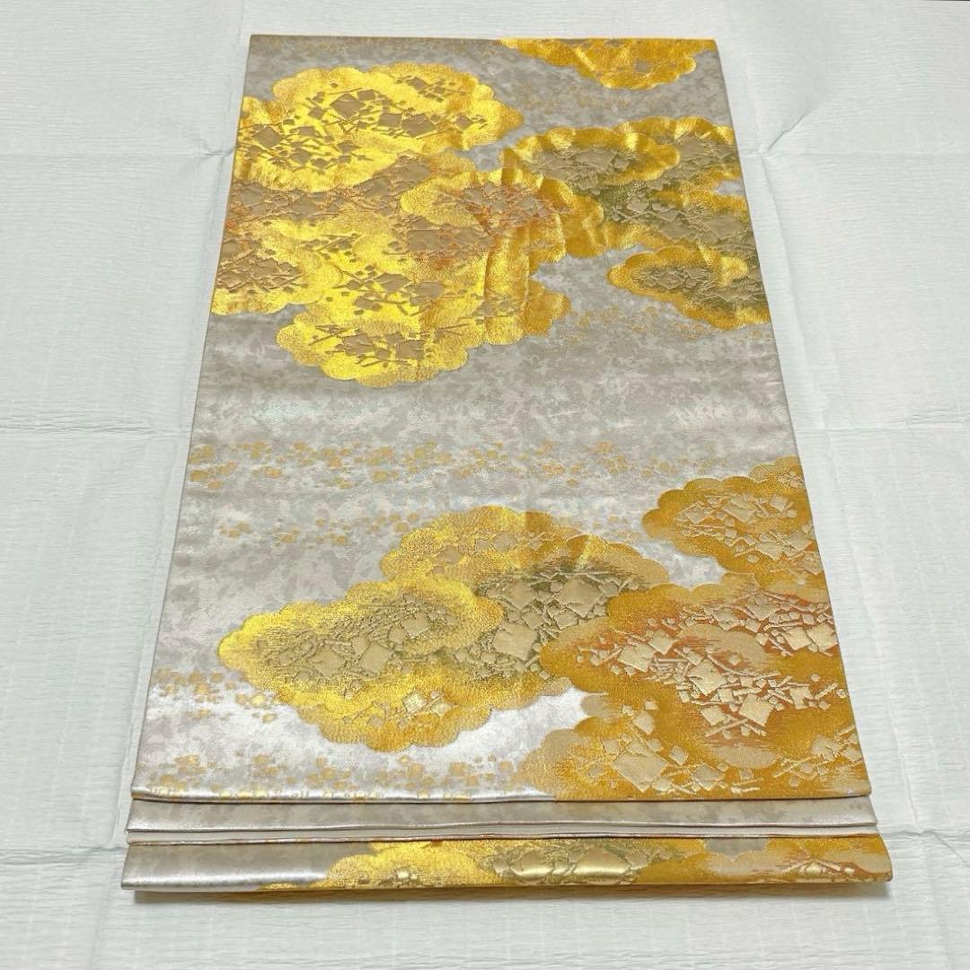 梅垣織物　袋帯　切箔雲文　西陣織　引箔　正絹　金銀糸　シルバー系