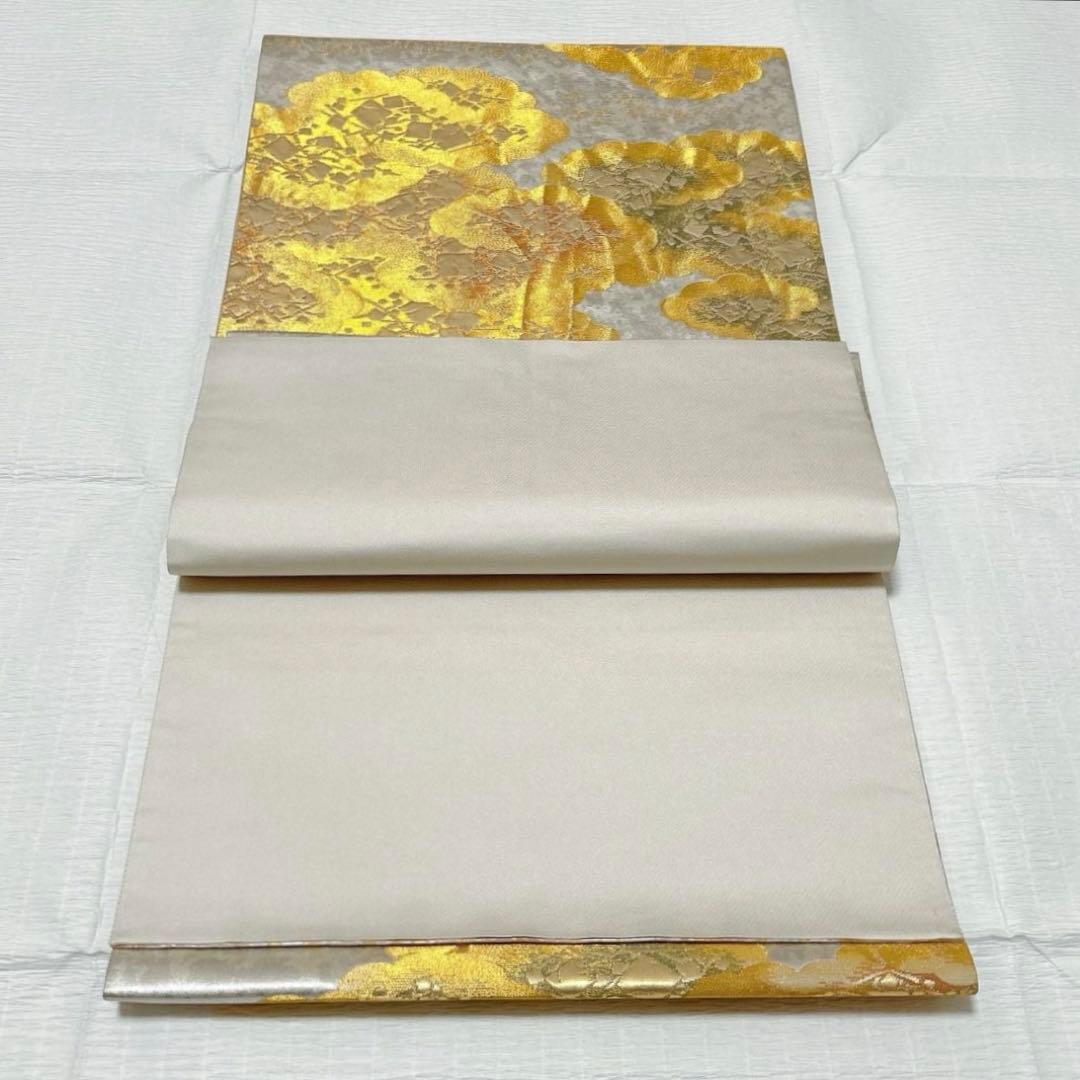 梅垣織物　袋帯　切箔雲文　西陣織　引箔　正絹　金銀糸　シルバー系