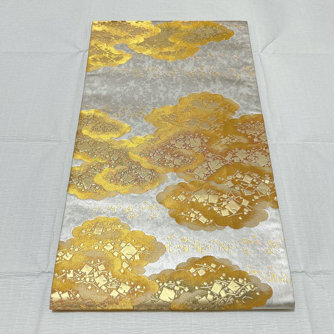 梅垣織物　袋帯　切箔雲文　西陣織　引箔　正絹　金銀糸　シルバー系