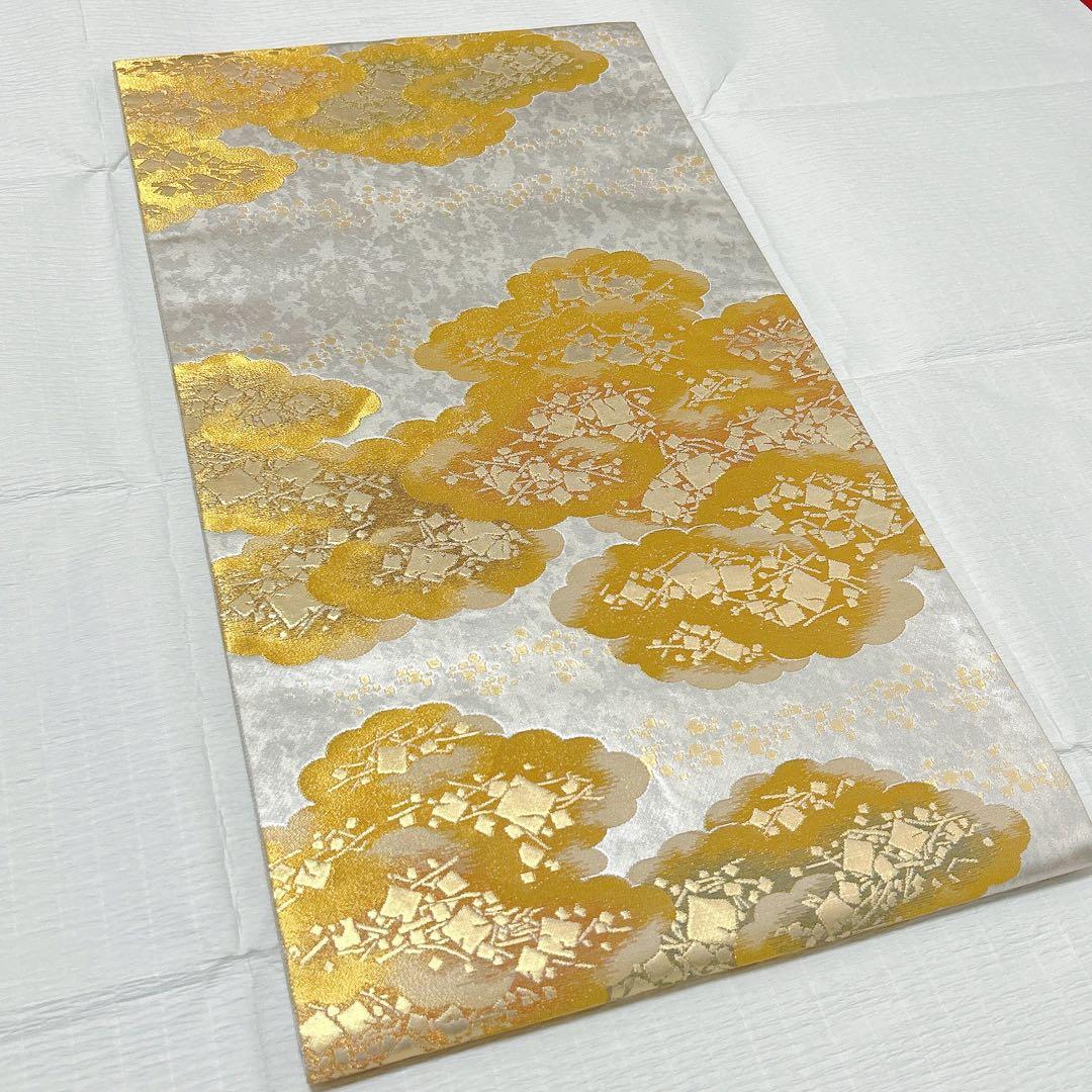 梅垣織物　袋帯　切箔雲文　西陣織　引箔　正絹　金銀糸　シルバー系