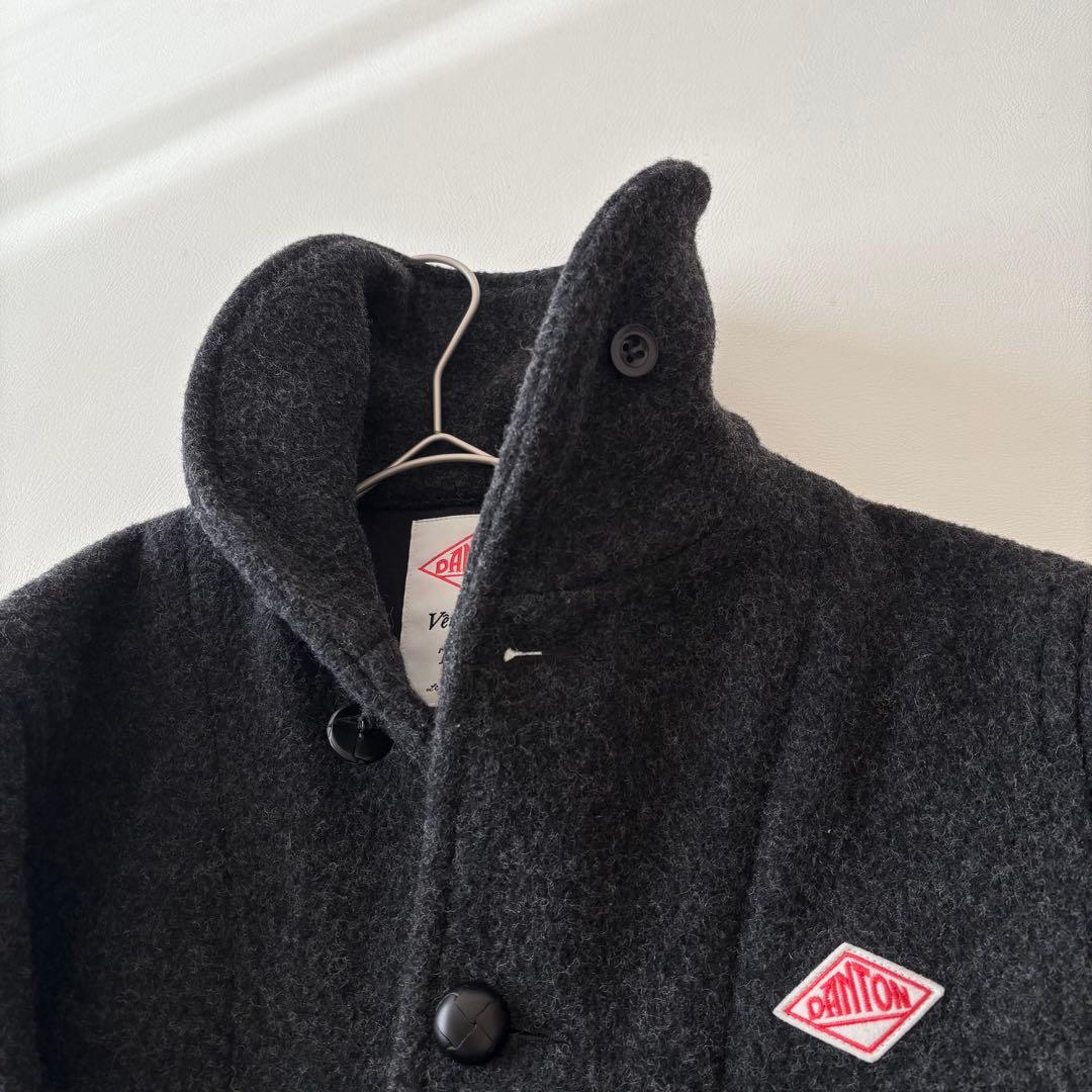 ■美品DANTONウールモッサシングルコートチャコールグレーくるみボタン丸襟38