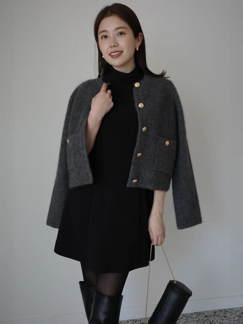 ⭐︎美品【anuans】カシミヤブレンドノーカラーニットジャケットGrey