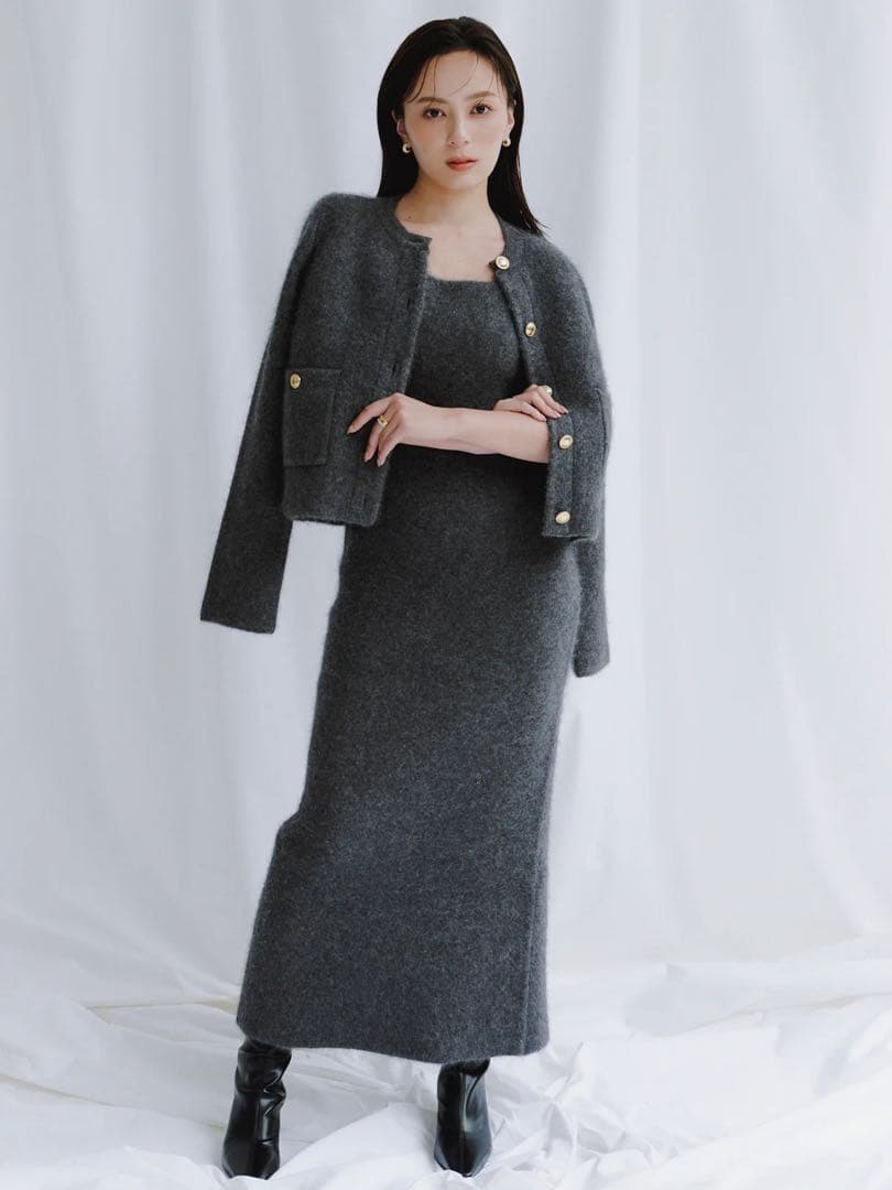 ⭐︎美品【anuans】カシミヤブレンドノーカラーニットジャケットGrey