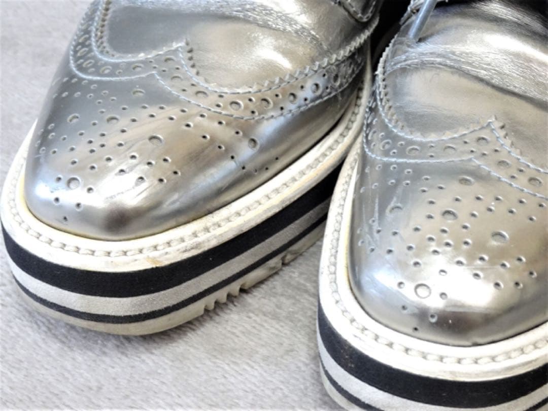 プラダ⭐︎シルバー 厚底 ウィングチップ　レースアップ レザーシューズ 361/2