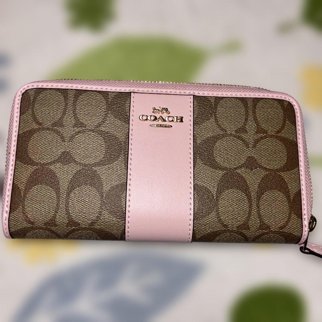 未使用品　COACH ロゴストライプ 長財布 ブラウン/ピンク