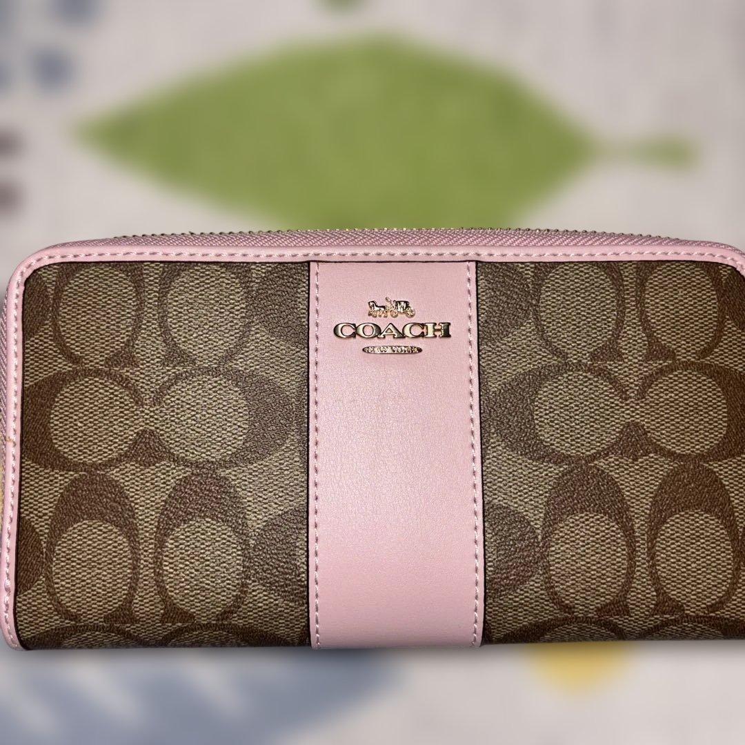 未使用品　COACH ロゴストライプ 長財布 ブラウン/ピンク