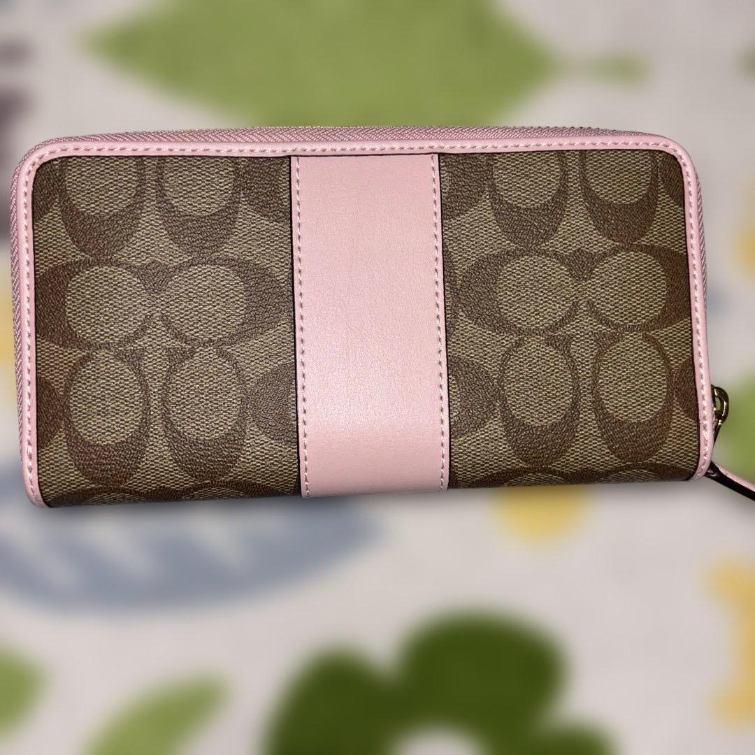 未使用品　COACH ロゴストライプ 長財布 ブラウン/ピンク
