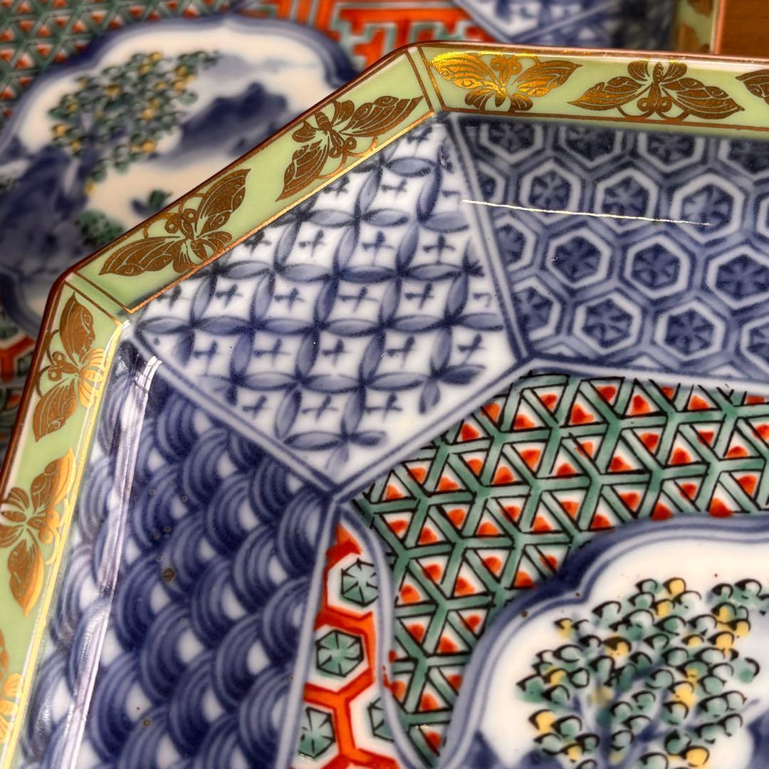 龍峰窯 緑彩金欄手 八角皿 5枚 八角形の陶磁器皿 取り皿