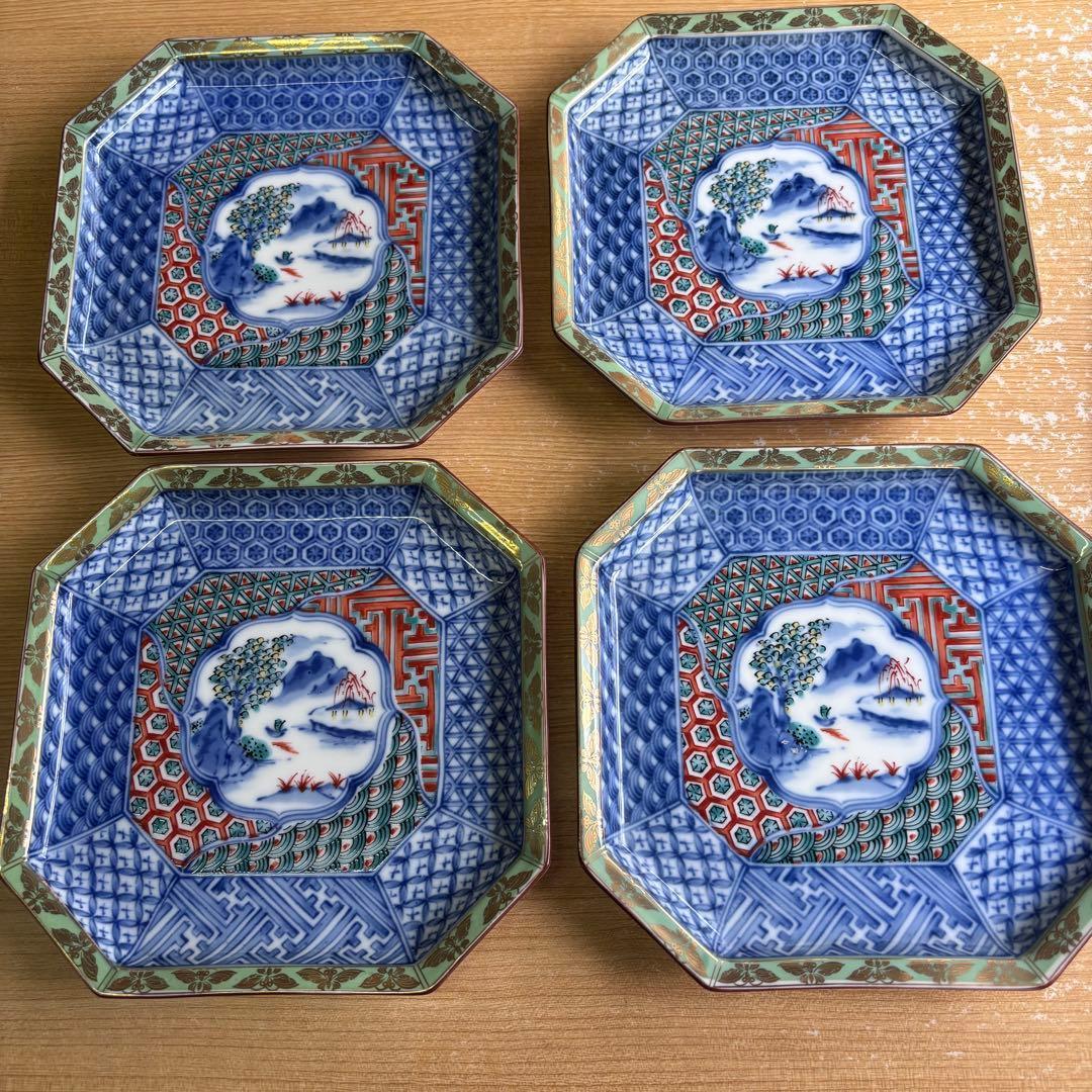 龍峰窯 緑彩金欄手 八角皿 5枚 八角形の陶磁器皿 取り皿