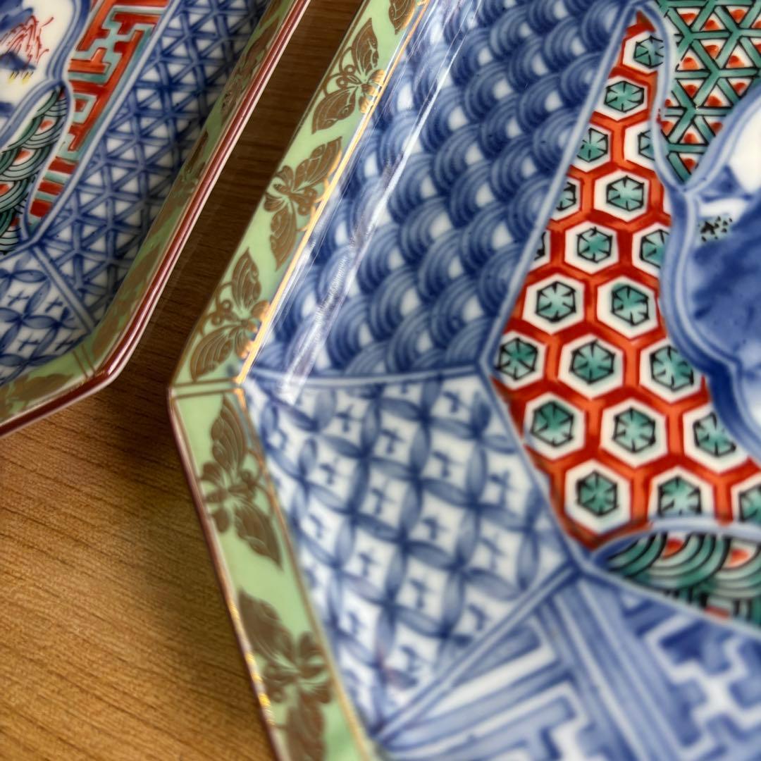 龍峰窯 緑彩金欄手 八角皿 5枚 八角形の陶磁器皿 取り皿