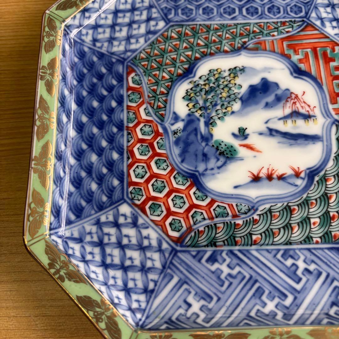 龍峰窯 緑彩金欄手 八角皿 5枚 八角形の陶磁器皿 取り皿