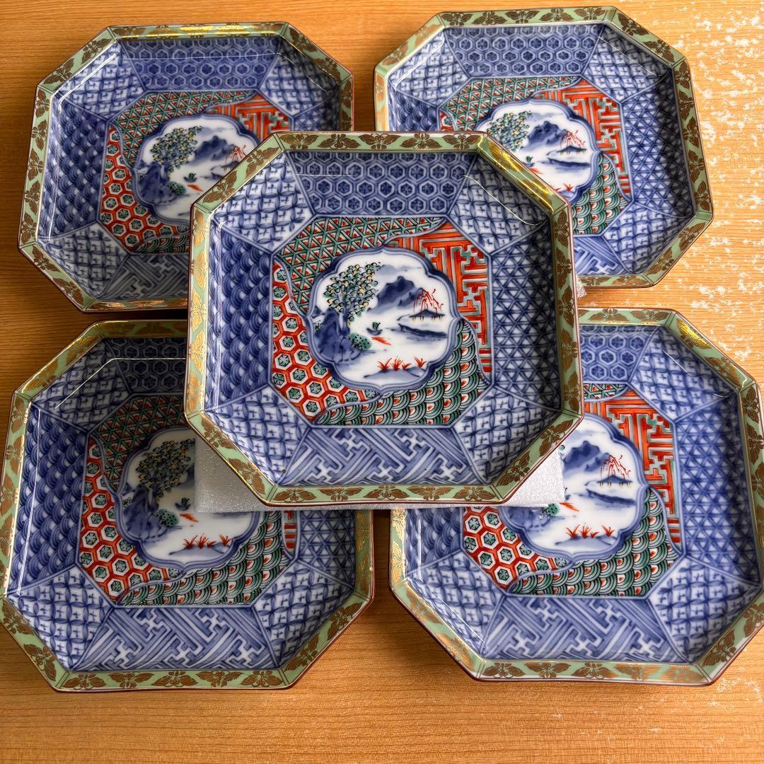 龍峰窯 緑彩金欄手 八角皿 5枚 八角形の陶磁器皿 取り皿