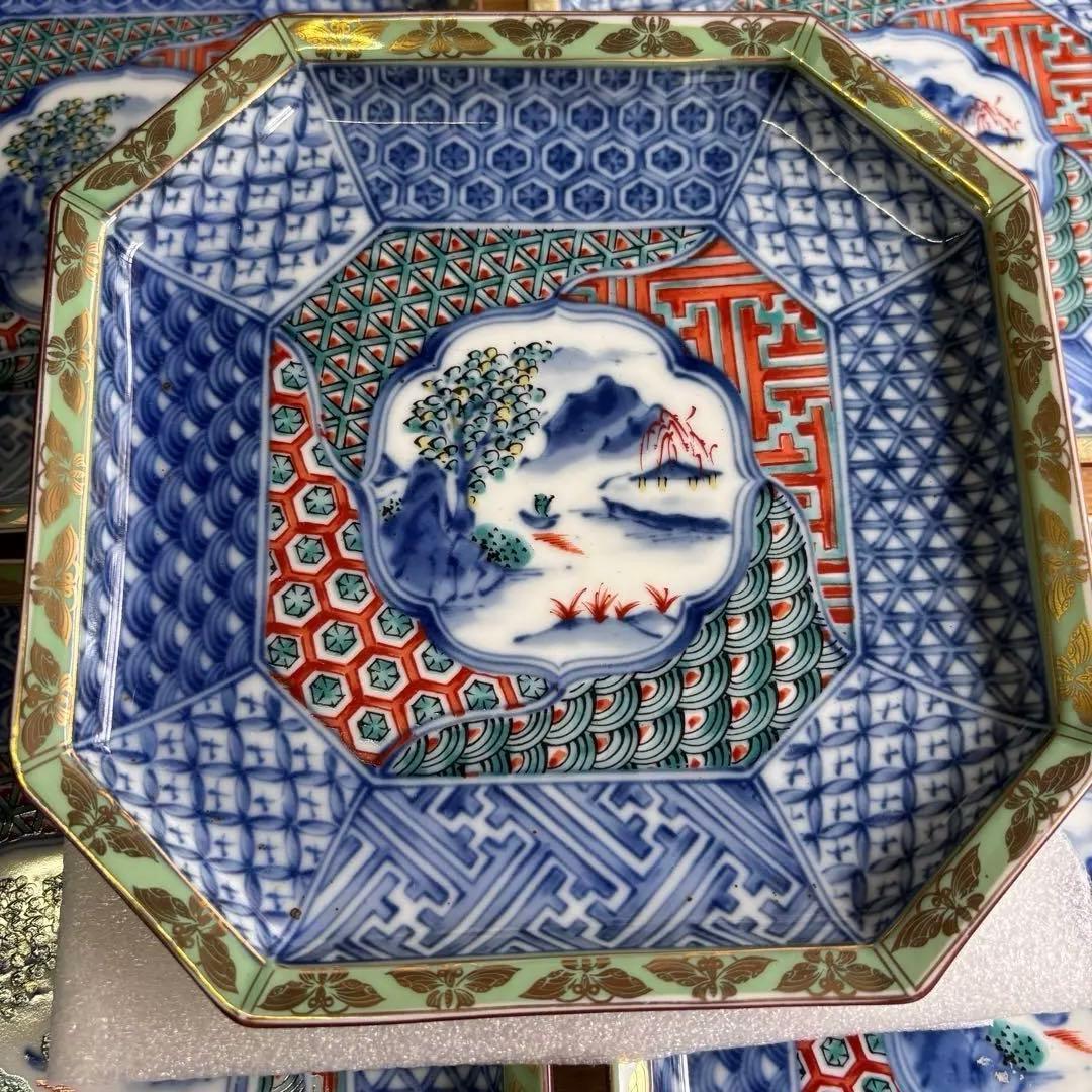 龍峰窯 緑彩金欄手 八角皿 5枚 八角形の陶磁器皿 取り皿