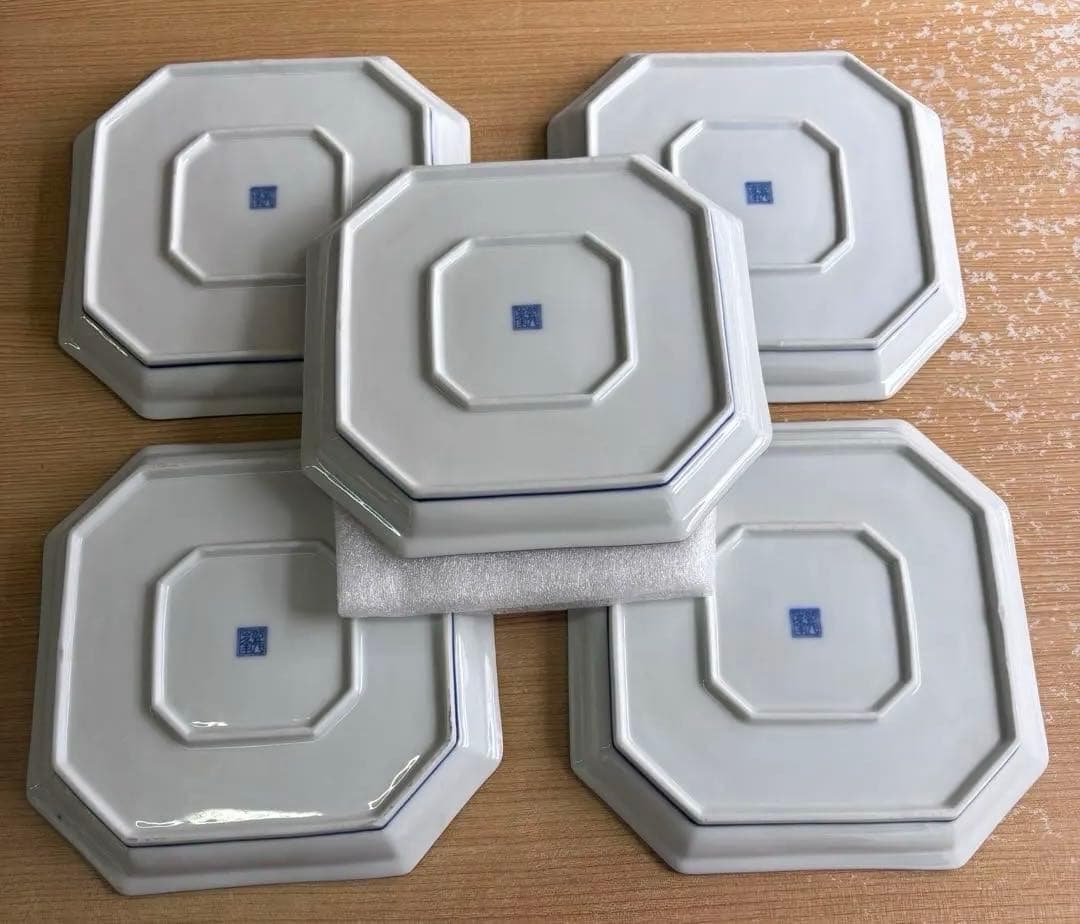 龍峰窯 緑彩金欄手 八角皿 5枚 八角形の陶磁器皿 取り皿