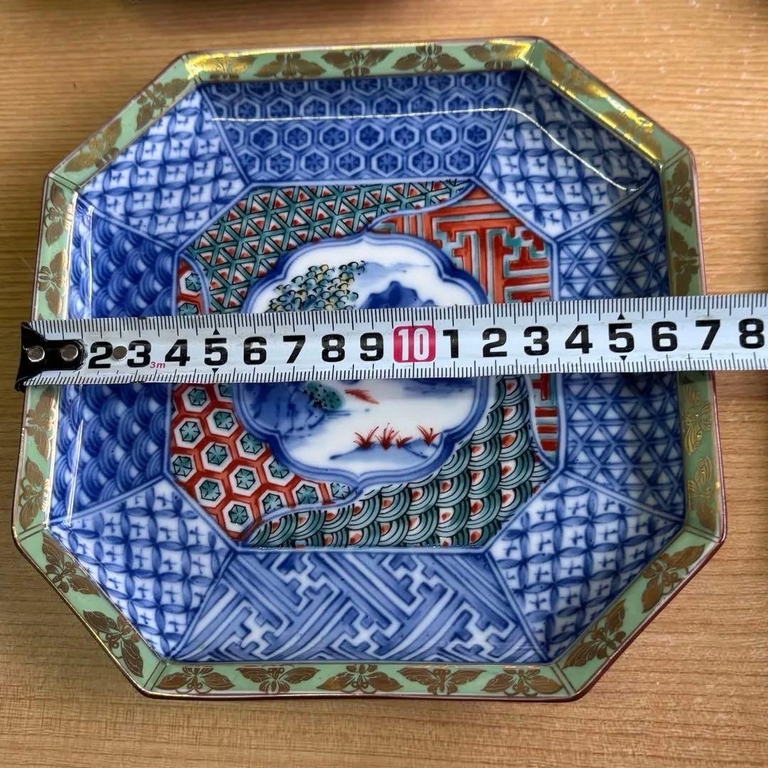 龍峰窯 緑彩金欄手 八角皿 5枚 八角形の陶磁器皿 取り皿