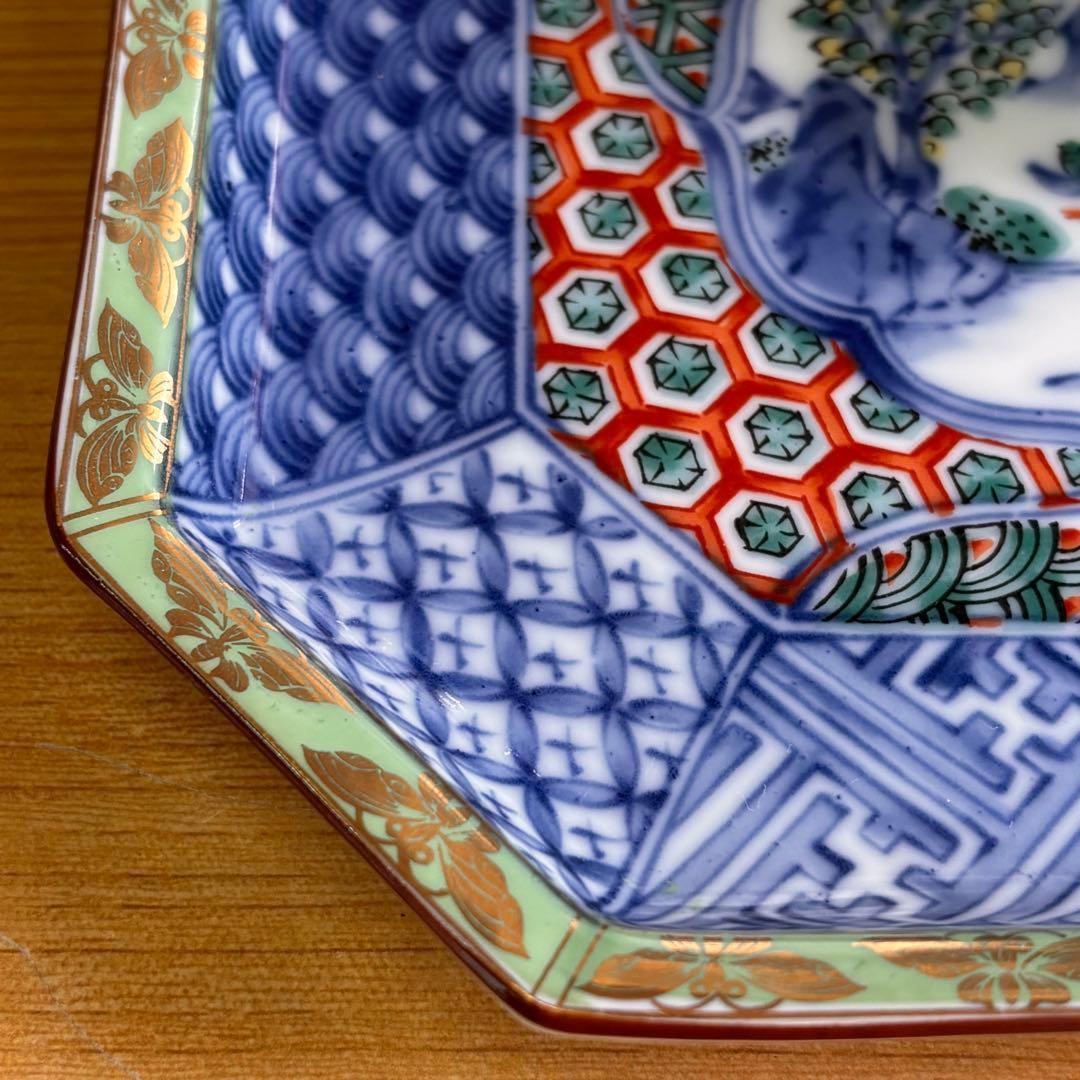 龍峰窯 緑彩金欄手 八角皿 5枚 八角形の陶磁器皿 取り皿