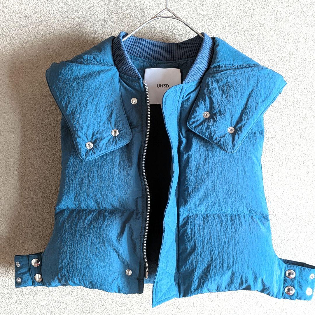UN3D. ターコイズ 青 キルティングダウンベスト Wジッパー フード付