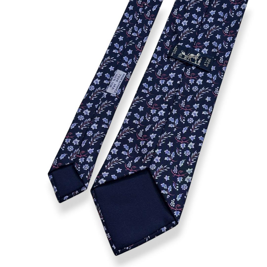 美品✨HERMES ネクタイ　エルメス　ブルー　花柄　ボタニカル　【E】