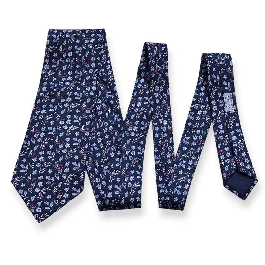 美品✨HERMES ネクタイ　エルメス　ブルー　花柄　ボタニカル　【E】