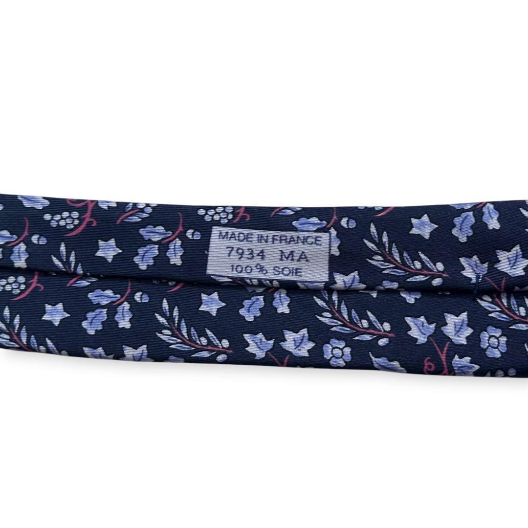 美品✨HERMES ネクタイ　エルメス　ブルー　花柄　ボタニカル　【E】