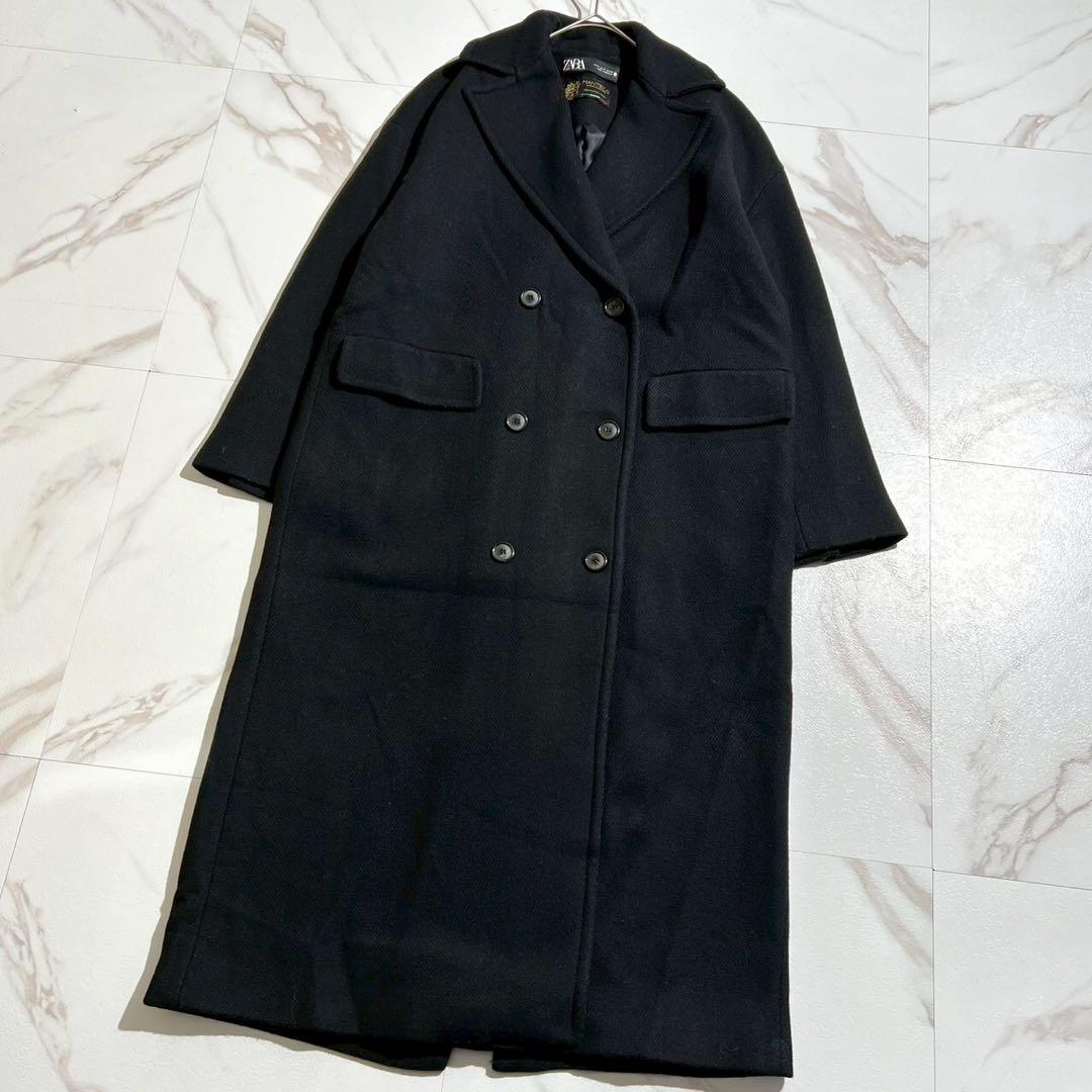 【極美品✨】ザラ マンテコ ヘリンボーン ダブルチェスターコート 黒 L相当