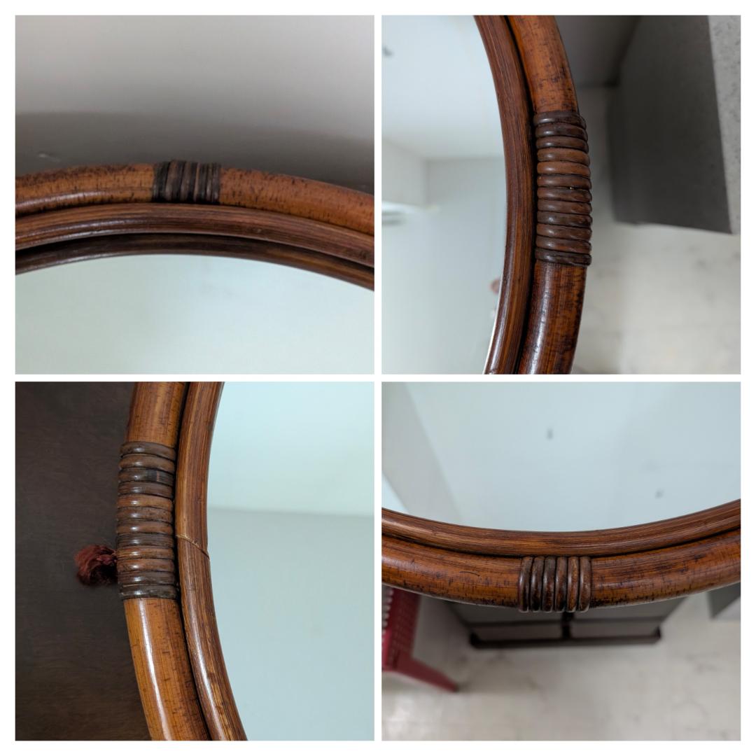 ラタン ウォールミラー 円形 大きめ 丸 壁掛け鏡 ビンテージ ブラウン