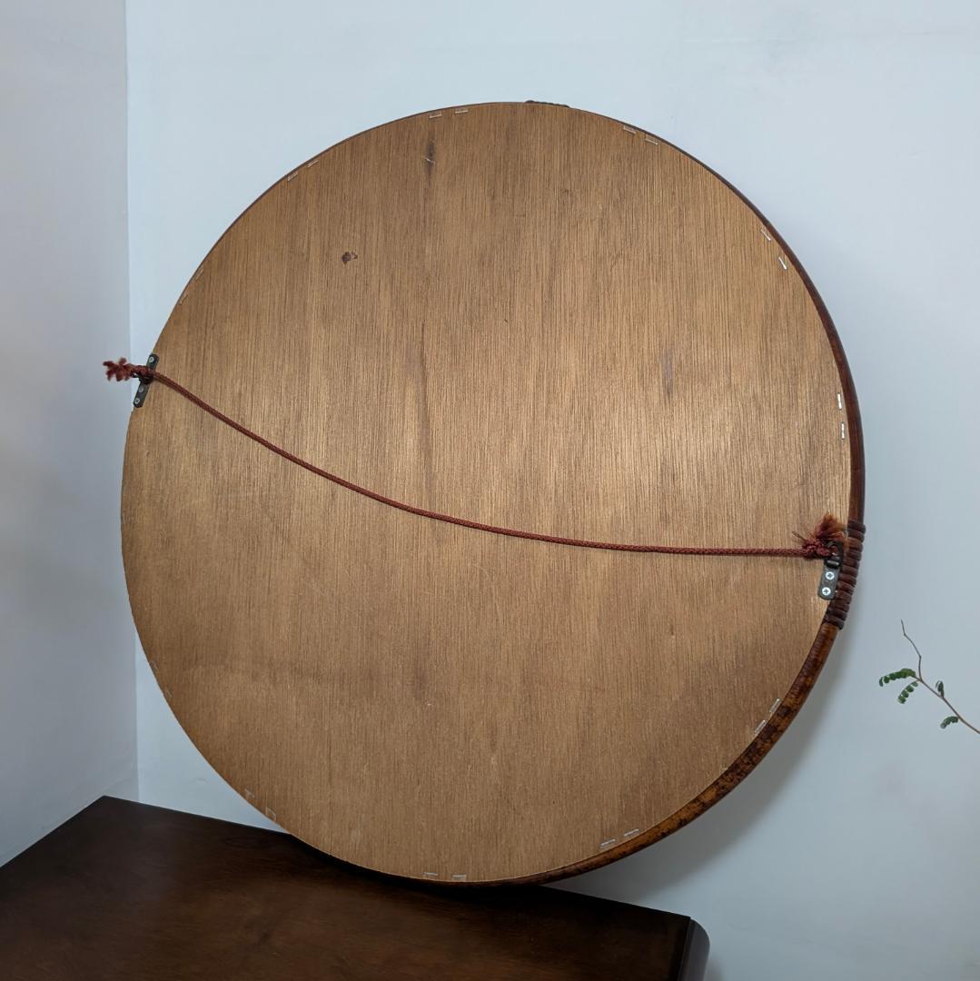 ラタン ウォールミラー 円形 大きめ 丸 壁掛け鏡 ビンテージ ブラウン