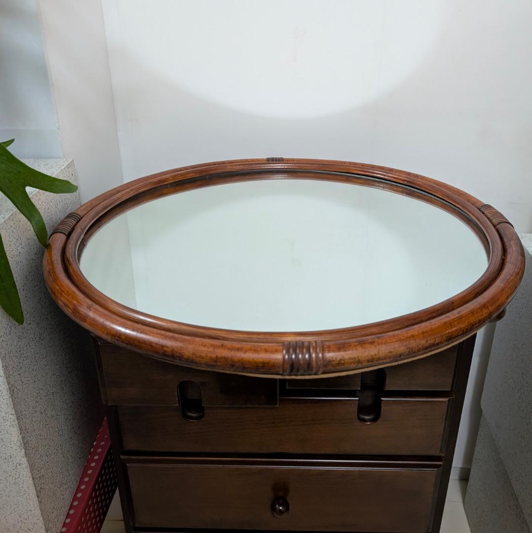 ラタン ウォールミラー 円形 大きめ 丸 壁掛け鏡 ビンテージ ブラウン