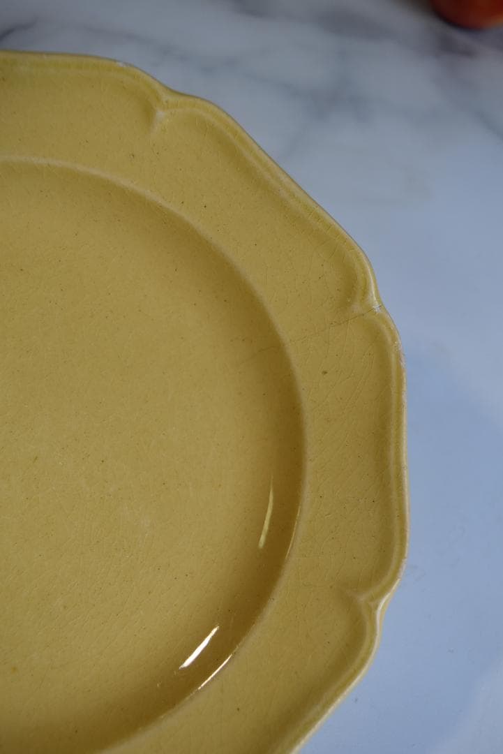 訳有3枚組　19世紀アプト窯　黄釉花リム　デセール皿　アンティーク　金継