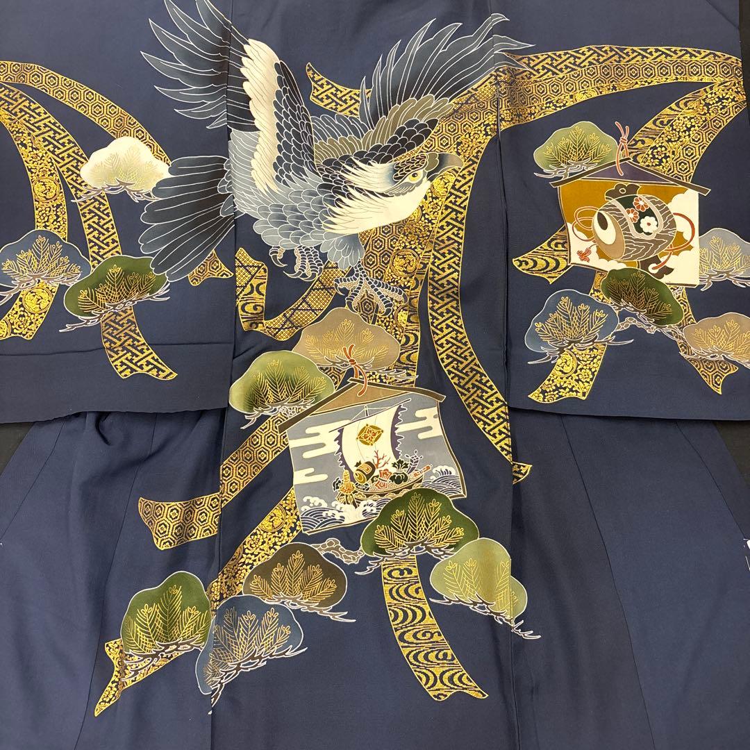 マー君新品男子正絹祝着京友禅大鷹多色手描き染、特選豪華金彩熨斗宝船大王松文