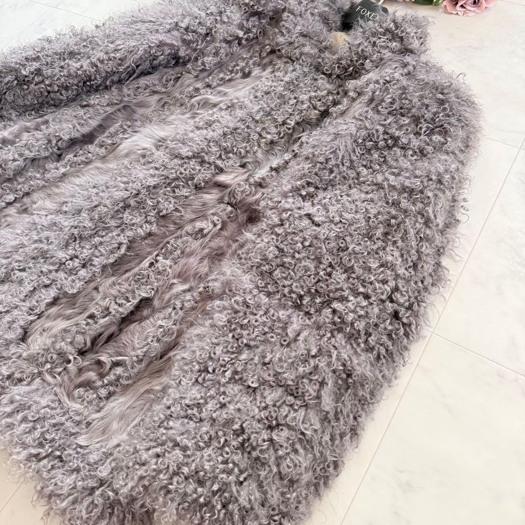 希少 カルガンラムファー パープルグレー コート リアルファー ボリューム◎