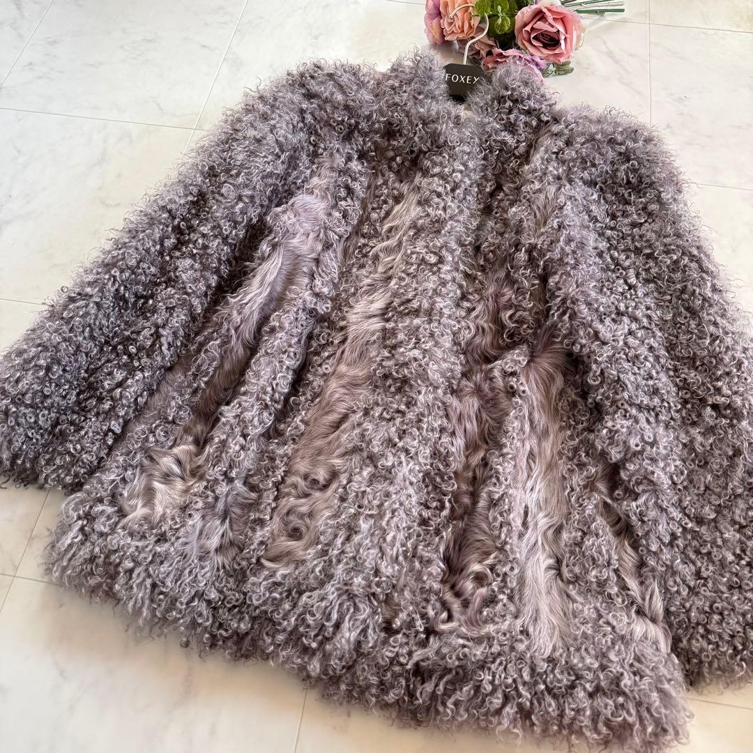 希少 カルガンラムファー パープルグレー コート リアルファー ボリューム◎