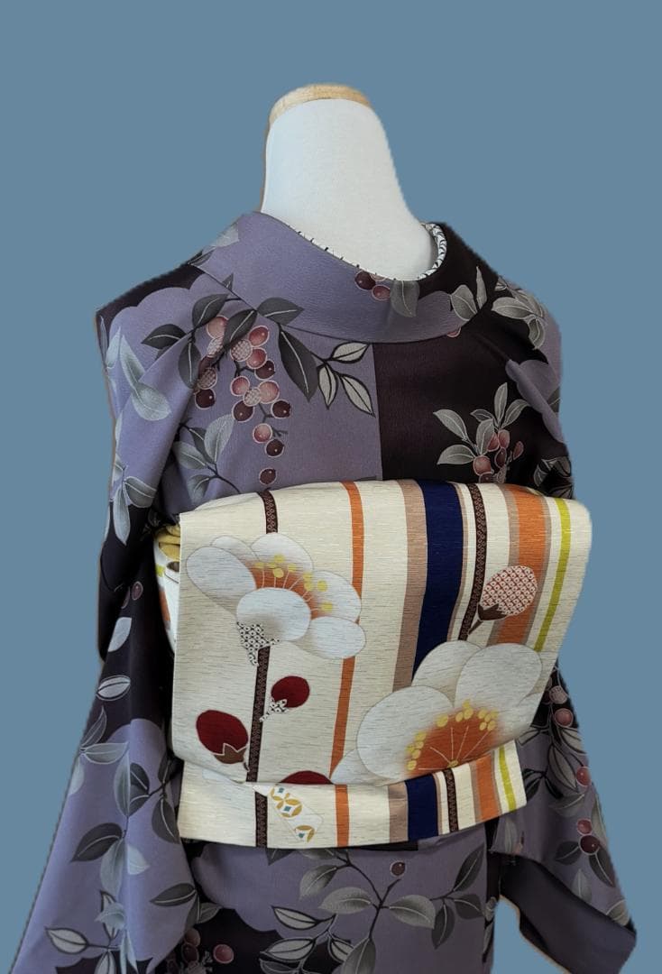 帯７　WA.KKA　梅の花・枝とおみくじ京袋帯　アイボリー系　約３７６×３１