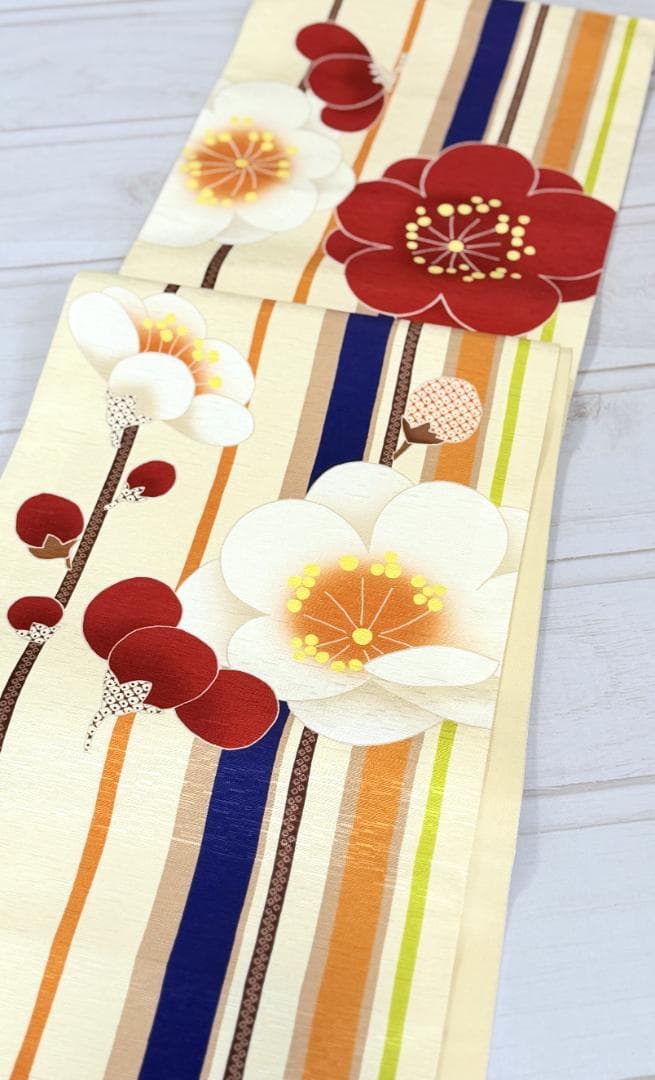 帯７　WA.KKA　梅の花・枝とおみくじ京袋帯　アイボリー系　約３７６×３１