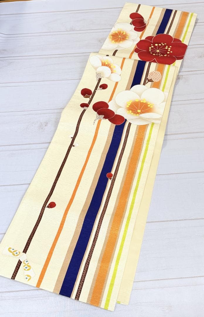 帯７　WA.KKA　梅の花・枝とおみくじ京袋帯　アイボリー系　約３７６×３１