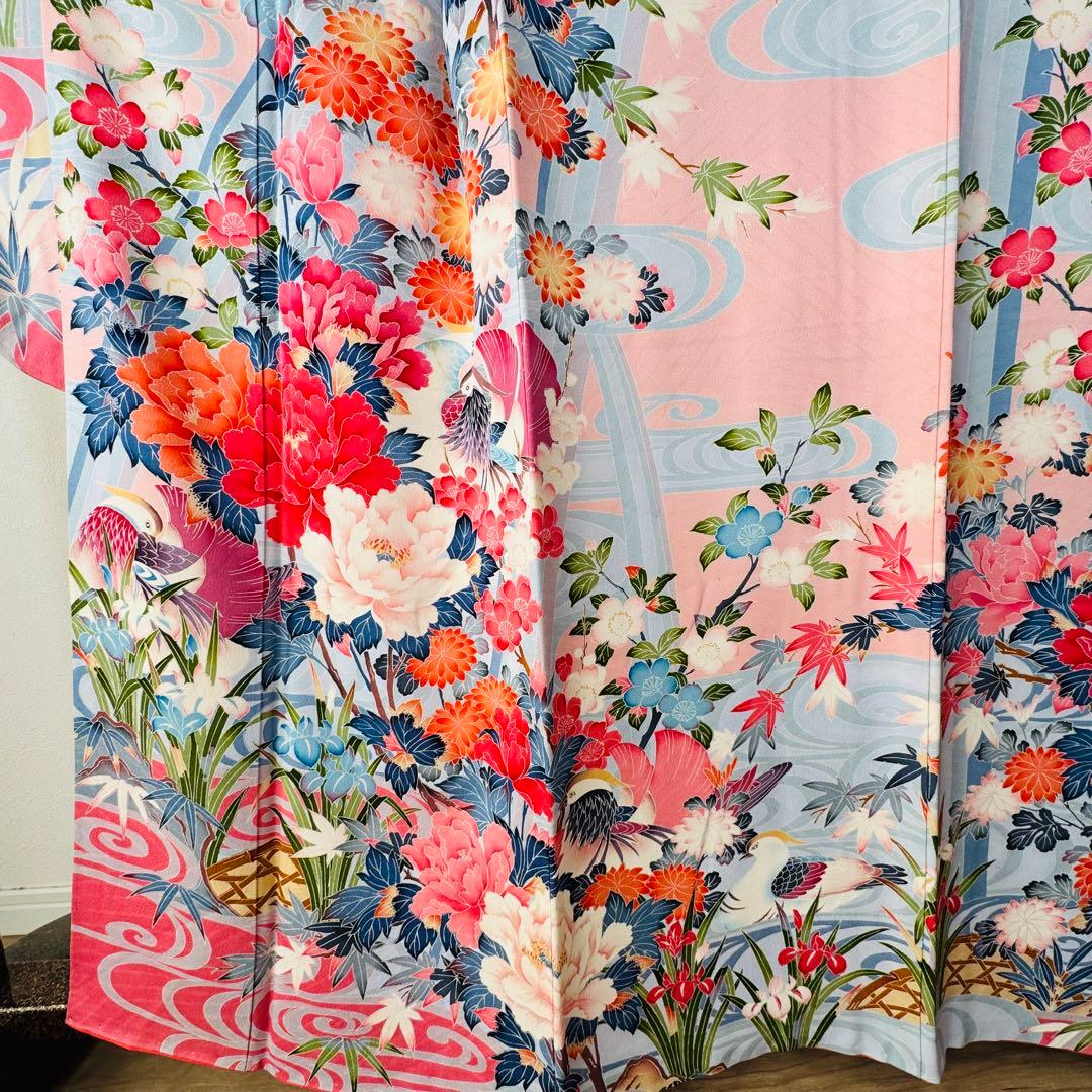 美品　現代　振袖　成人式　着物　正絹　164.5裄67 ピンク　水色　紅色　花柄