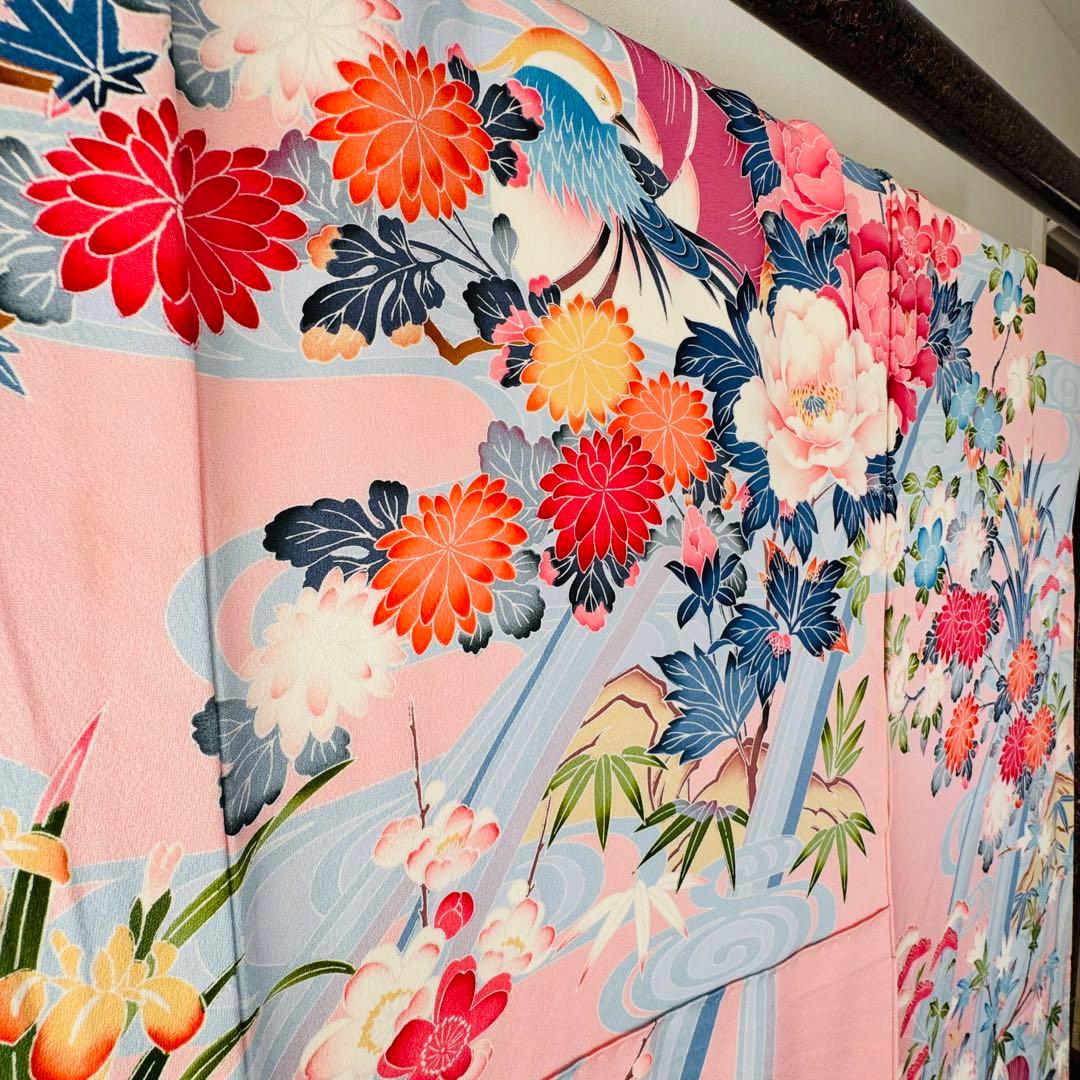 美品　現代　振袖　成人式　着物　正絹　164.5裄67 ピンク　水色　紅色　花柄